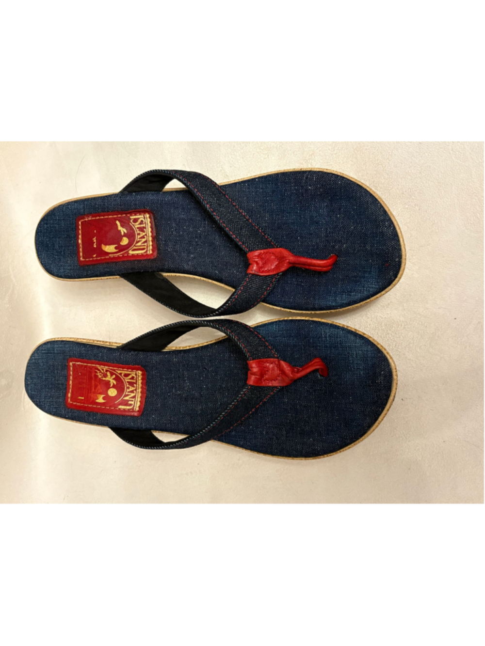Women's Island Slipper Denim Wedge Sandals Size 11 Blue Red